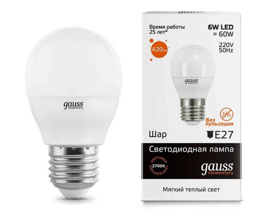 Лампа светодиодная Gauss E27 6W 3000K матовая 53216