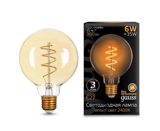 Лампа светодиодная филаментная Gauss E27 6W 2400K золотая 158802008