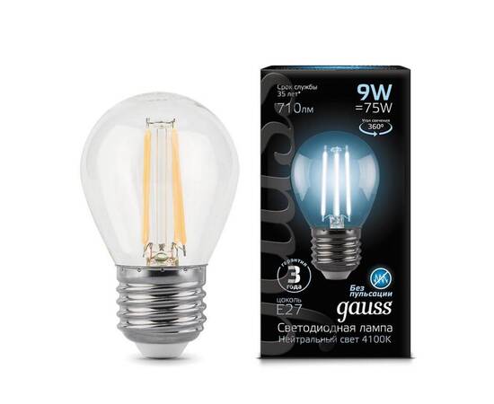 Лампа светодиодная филаментная Gauss E27 9W 4100К прозрачная 105802209