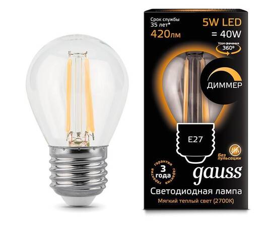 Лампа светодиодная диммируемая Gauss филаментная E27 5W 2700К прозрачная 105802105-D