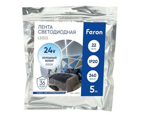 Светодиодная лента Feron 22W/m 240LED/m 2835SMD холодный белый 5М LS503 48831, изображение 2