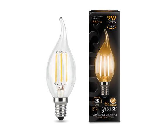 Лампа светодиодная филаментная Gauss E14 9W 2700К прозрачная 104801109
