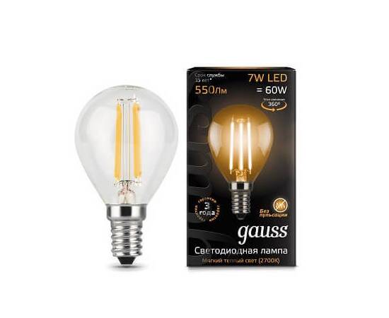 Лампа светодиодная филаментная Gauss E14 7W 2700К прозрачная 105801107