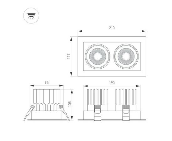 Встраиваемый карданный светильник Arlight MS-VORTEX-BUILT-S210x117-2x20W Warm3000 (WH-WH, 20 deg, 23, изображение 3