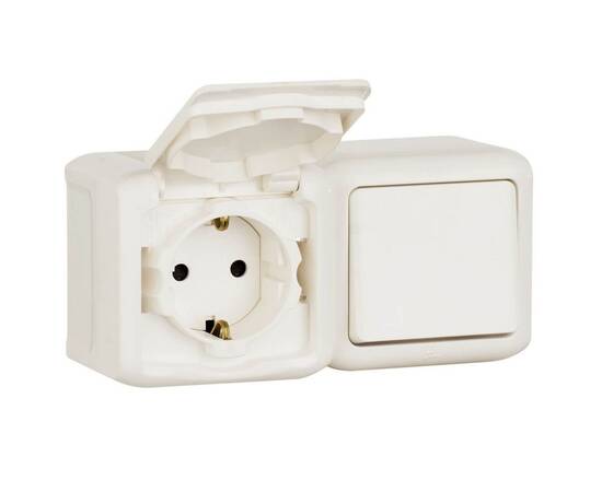 Блок выключатель одноклавишный и розетка 2К+З Legrand Quteo 16A 250V с/з со шторками крышкой IP44 белый 782318
