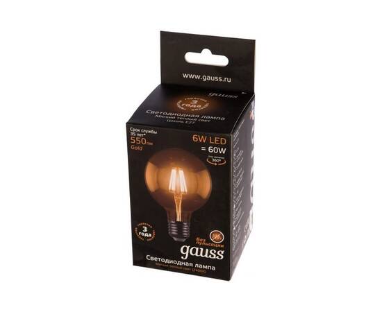 Лампа светодиодная филаментная диммируемая Gauss E27 6W 2400K золотая 105802006-D, изображение 3