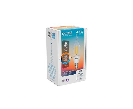 Лампа светодиодная диммируемая филаментная Gauss Smart Home Filament E14 4,5W 2000-6500K прозрачная 1280112