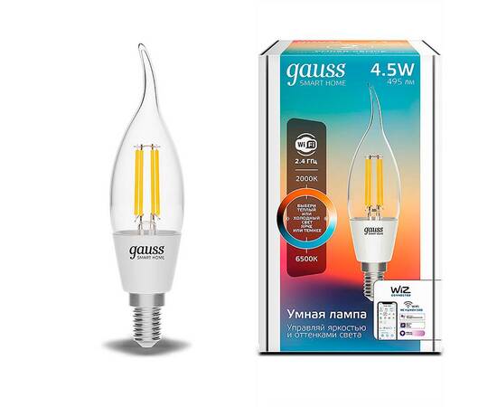 Лампа светодиодная диммируемая филаментная Gauss Smart Home Filament E14 4,5W 2000-6500K прозрачная 1280112, изображение 2