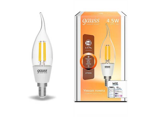 Лампа светодиодная диммируемая филаментная Gauss Smart Home Filament E14 4,5W 2700K прозрачная 1260112, изображение 2