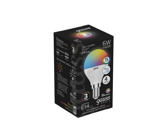 Лампа светодиодная диммируемая Gauss E14 6W RGBW матовая 105101406, изображение 2