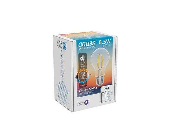 Лампа светодиодная диммируемая филаментная Gauss Smart Home Filament E27 6,5W 2000-6500K прозрачная 1220112