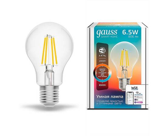 Лампа светодиодная диммируемая филаментная Gauss Smart Home Filament E27 6,5W 2000-6500K прозрачная 1220112, изображение 2