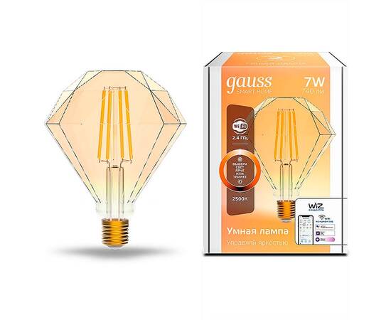 Лампа светодиодная диммируемая филаментная Gauss Smart Home Filament Diamond E27 7W 2500K золотистая 1350112, изображение 2