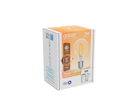 Лампа светодиодная диммируемая филаментная Gauss Smart Home Filament E27 7W 2700K прозрачная 1200112