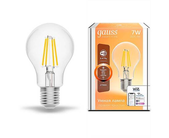 Лампа светодиодная диммируемая филаментная Gauss Smart Home Filament E27 7W 2700K прозрачная 1200112, изображение 2
