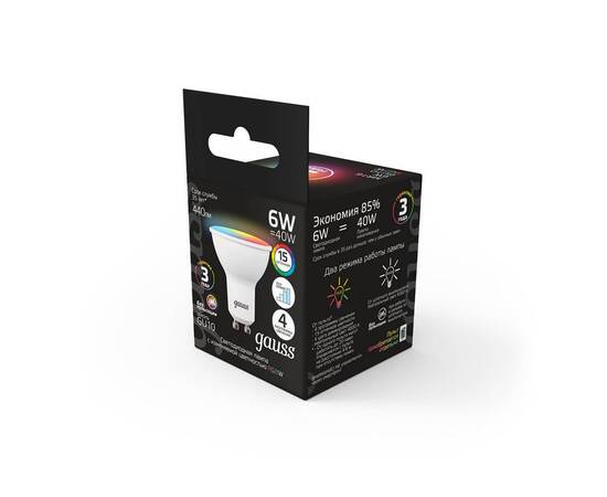 Лампа светодиодная диммируемая Gauss GU10 6W RGBW матовая 101106406, изображение 2