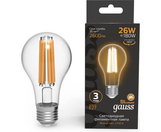 Лампа светодиодная филаментная Gauss E27 26W 2700K прозрачная 102902126