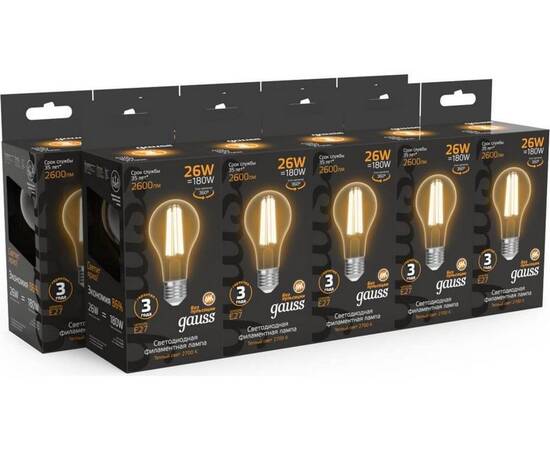Лампа светодиодная филаментная Gauss E27 26W 2700K прозрачная 102902126, изображение 4