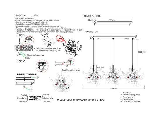 Подвесная люстра Crystal Lux GARDEN SP3х3 L1200 GOLD, изображение 4