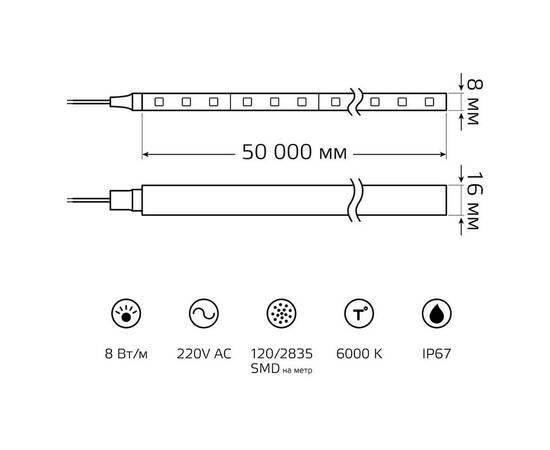 Гибкий неон Gauss 8W/m 120LED/m 2835SMD холодный белый 50M 311000308, изображение 2