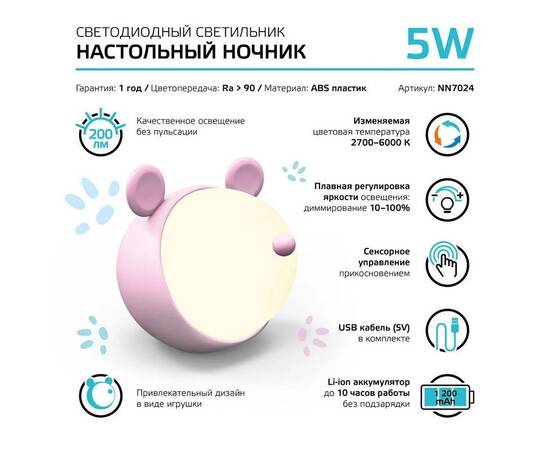 Настольный светодиодный детский ночник Gauss NN7024, изображение 3