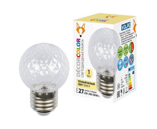 Лампа светодиодная E27 1W 3000K прозрачная LED-D45-1W/3000K/E27/CL/С PINEAPPLE UL-00010064