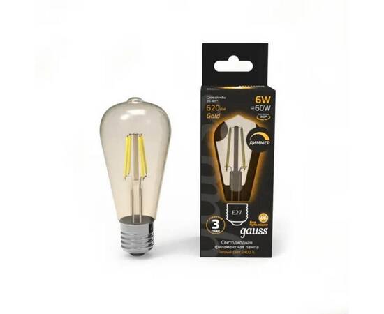 Лампа Gauss Filament ST64 6W 620lm 2400К Е27 golden диммируемая LED 1/10/40 102802006-D