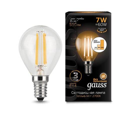 Лампа светодиодная филаментная диммируемая Gauss E14 7W 2700K прозрачная 105801107-S