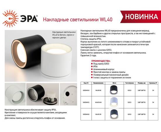 Накладной светильник Эра WL40 WH Б0054415, изображение 3