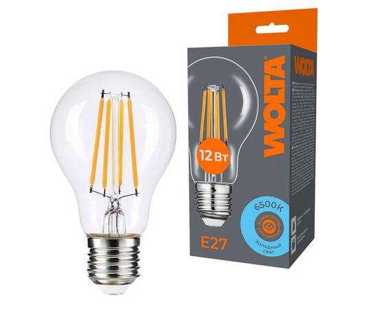 Лампа светодиодная филаментная WOLTA 12Вт 6500K Е27 груша прозрачная WF-A60-12W6KE27