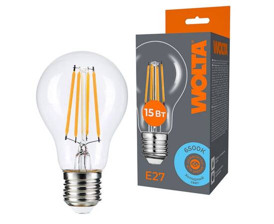 Лампа светодиодная филаментная WOLTA 15Вт 6500K Е27 груша прозрачная WF-A60-15W6KE27