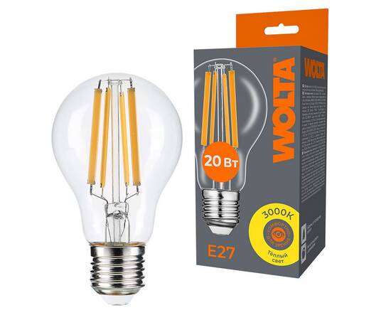 Лампа светодиодная филаментная WOLTA 20Вт 3000K Е27 груша прозрачная WF-A60-20W3KE27