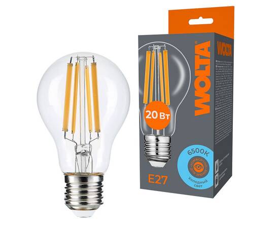 Лампа светодиодная филаментная WOLTA 20Вт 6500K Е27 груша прозрачная WF-A60-20W6KE27