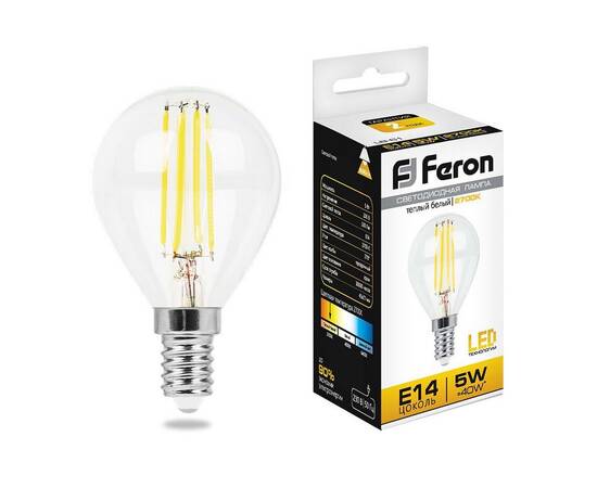 Лампа светодиодная филаментная Feron E14 5W 2700K Шар Прозрачная LB-61 25578