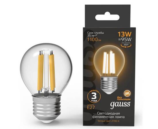 Лампа светодиодная филаментная Gauss E27 13W 2700K прозрачная 105802113