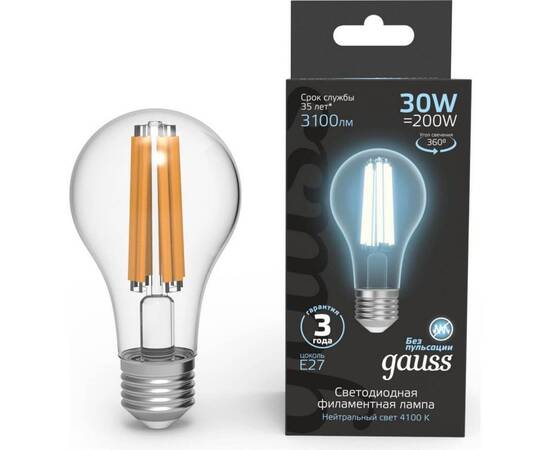 Лампа светодиодная филаментная Gauss E27 30W 2700K прозрачная 102902230