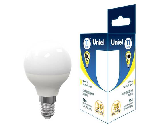 Лампа светодиодная Uniel E14 11W 3000K шар матовый LED-G45-11W/3000K/E14/FR PLS03WH UL-00006843