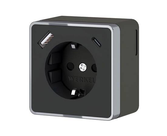 Розетка с заземлением, шторками и USB тип A+C Werkel Gallant чёрный хром W5071735 4690389179655