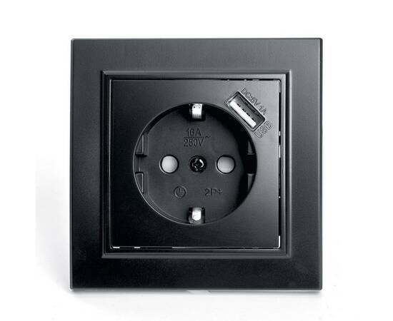 Розетка 2P+PE/USB Stekker Эрна со шторками черный PST16-9011-03 39480