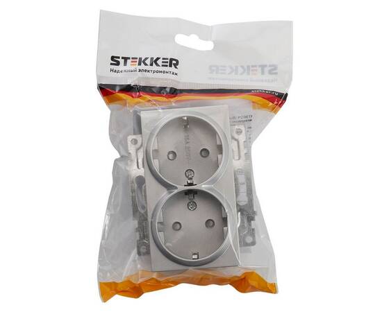 Розетка двойная 2P+PE Stekker Катрин со шторками серебро GLS16-7114-03 39584, изображение 2