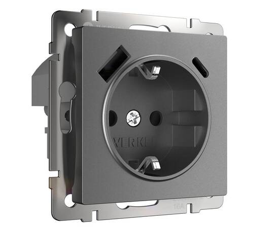 Розетка с заземлением, шторками и USBх2 Werkel графит W1171764 4690389194436