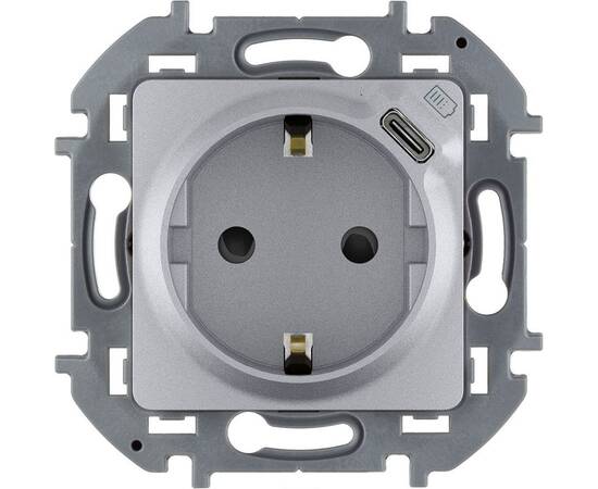 Розетка 2К+З немецкий стандарт 16А 250В со встроенным зарядным устройством USB C 1.5А 5В - INSPIRIA - алюминий
