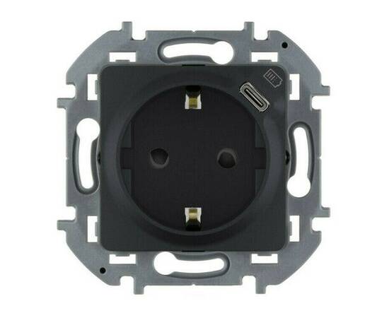 Розетка 2К+З немецкий стандарт 16А 250В со встроенным зарядным устройством USB C 1.5А 5В - INSPIRIA - антрацит