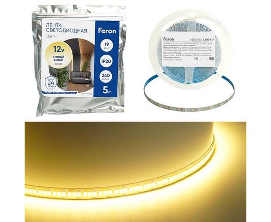 Светодиодная лента Feron 19W/m 240LED/m 2835SMD теплый белый 5М LS617 48826