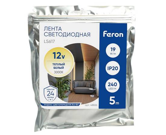 Светодиодная лента Feron 19W/m 240LED/m 2835SMD теплый белый 5М LS617 48826, изображение 3