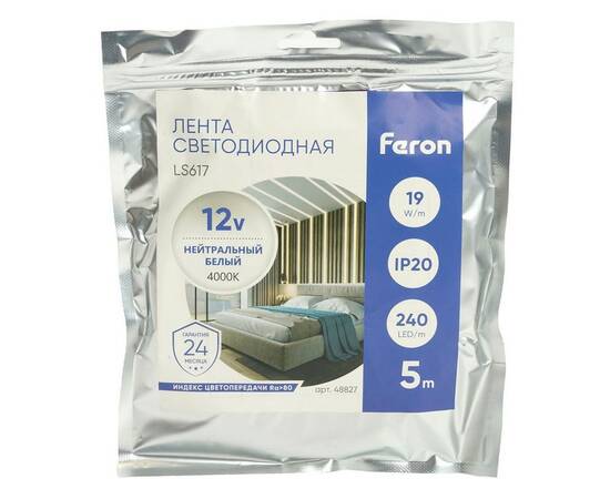 Светодиодная лента Feron 19W/m 240LED/m 2835SMD дневной белый 5М LS617 48827, изображение 2