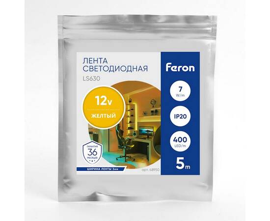 Светодиодная лента Feron 7W/m 400LED/m COB желтый 5М LS630 48950, изображение 2