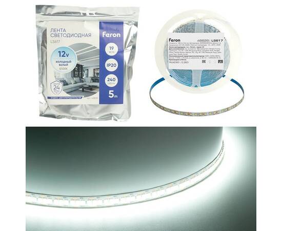 Светодиодная лента Feron 19W/m 240LED/m 2835SMD холодный белый 5М LS617 48828