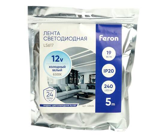 Светодиодная лента Feron 19W/m 240LED/m 2835SMD холодный белый 5М LS617 48828, изображение 3