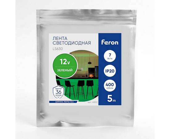 Светодиодная лента Feron 7W/m 400LED/m COB зеленый 5М LS630 48951, изображение 2